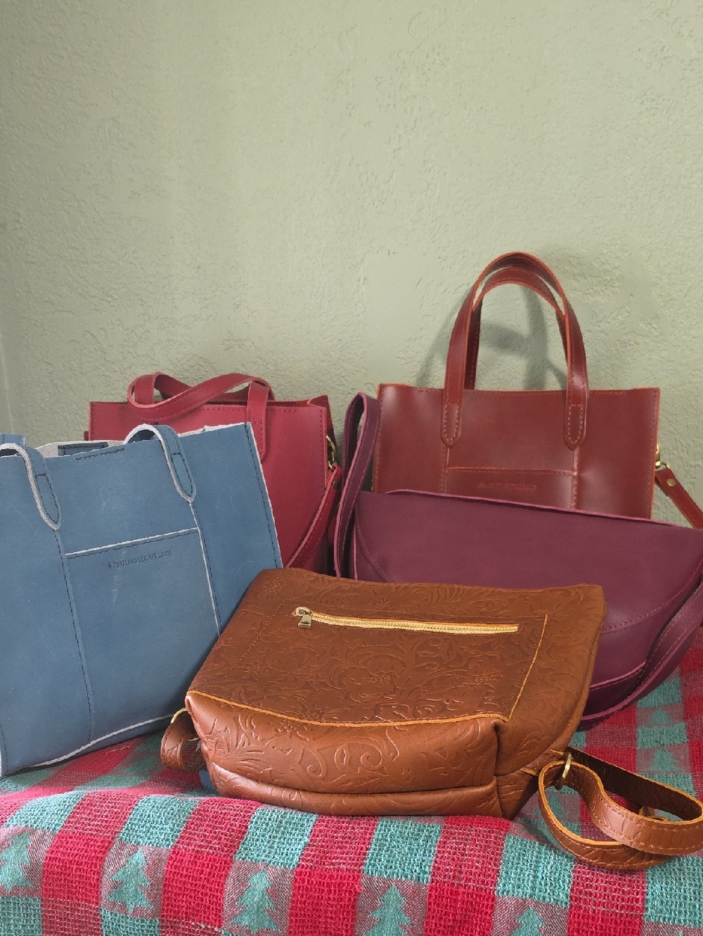 Embossed Chestnut Brown Leather Crossbody Tote